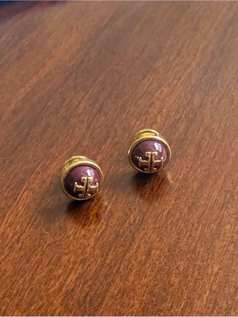Tory Burch Gold-Tone Earrings with Purple Enamel Logo